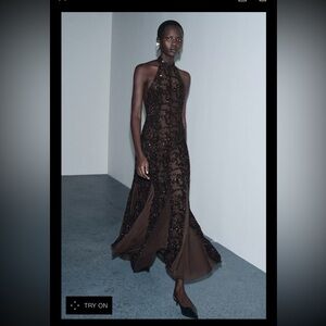 NWT Zara Elegant Brown Sequin Halter Dress